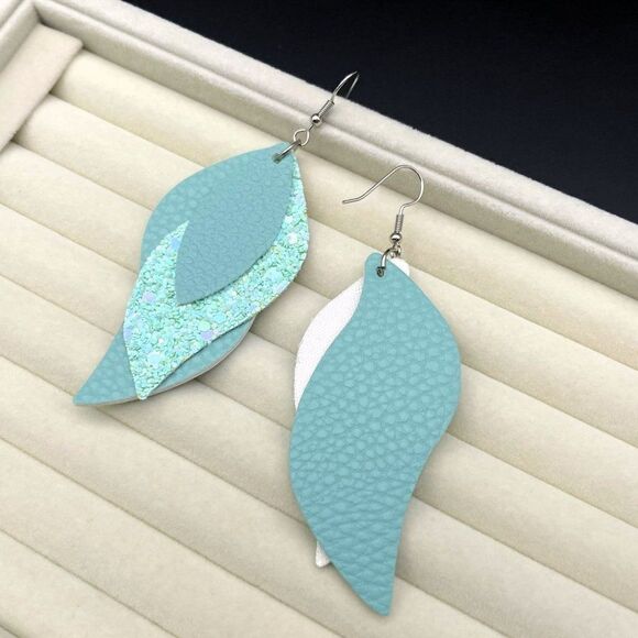 Green Faux Leather with Sequin Layered Leaf 316L Stainless Steel Hook Earrings - Picture 6 of 9